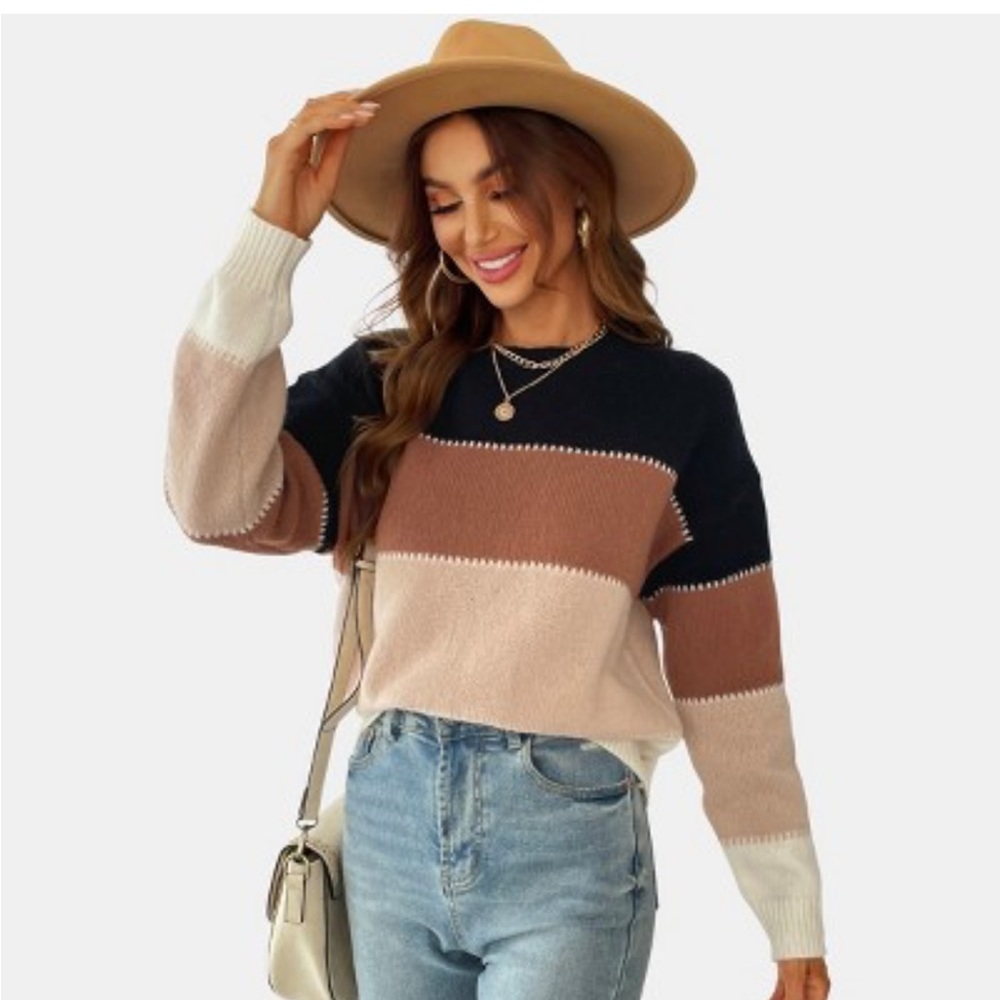 Colorblock Crewneck Knit Pullover Sweater Wool Blend Mohair Bl…